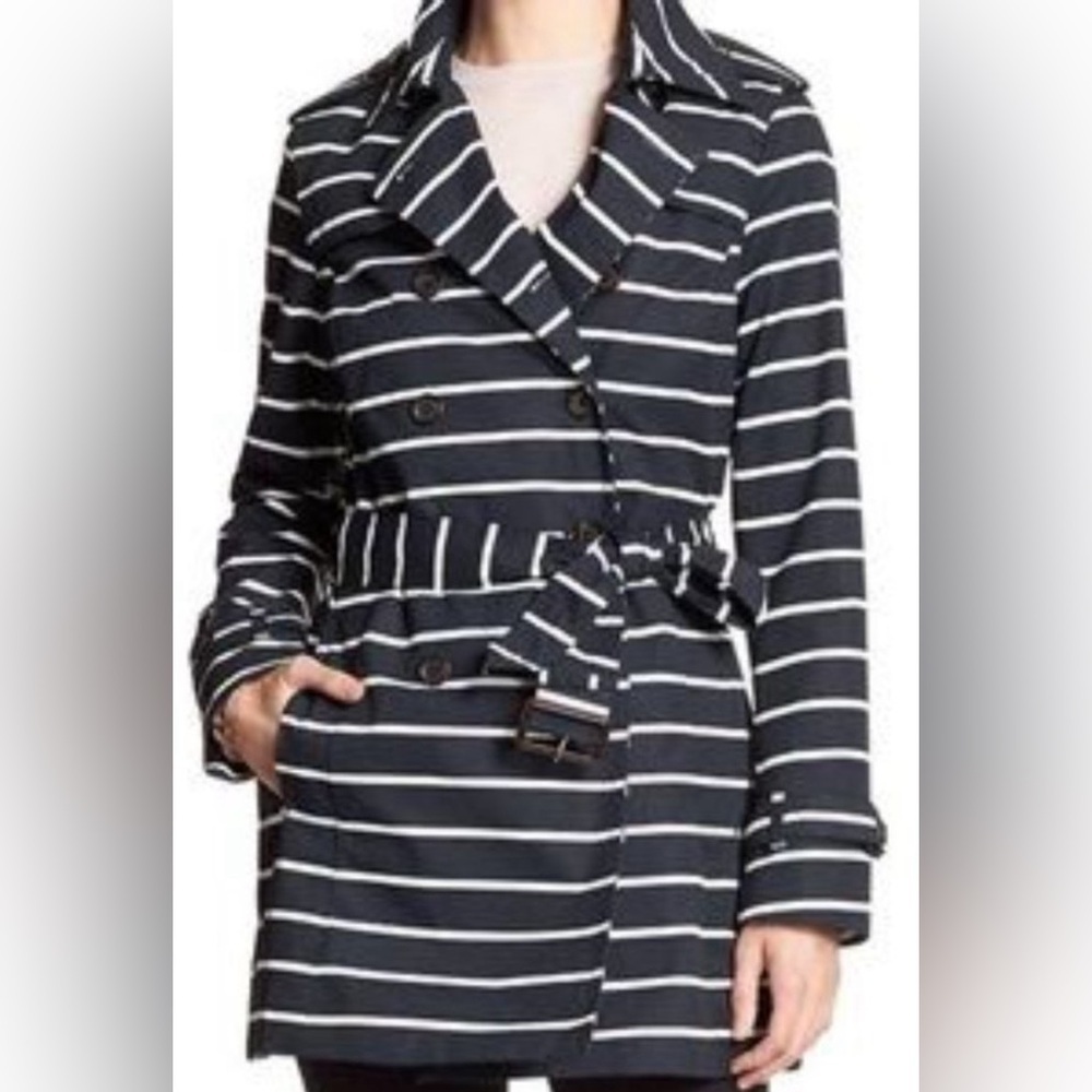 Banana Republic Navy and White Striped Belted Trench Coat - Medium